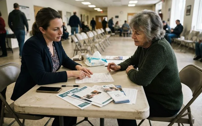 A community legal clinic room with volunteer attorneys helping several attendees fill out basic estate planning paperwork at folding tables