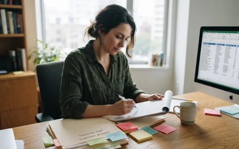 A notary public style professional reviews estate planning documents and a laptop showing a directory ranking page in an office.