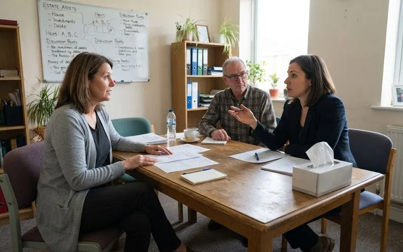 Several family members sitting around a table with a neutral mediator, working through disagreements about a shared inheritance calmly