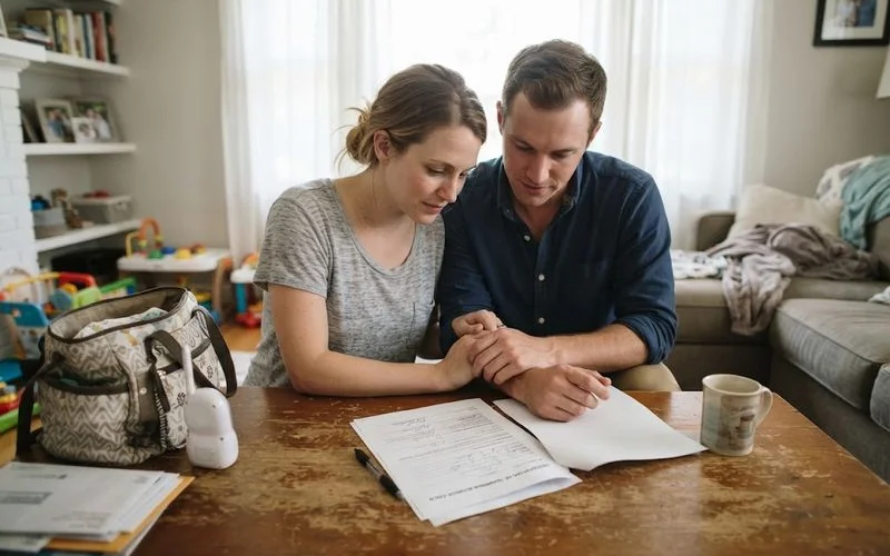 New parents holding a baby while reviewing estate planning documents at home, taking care of guardian and beneficiary decisions