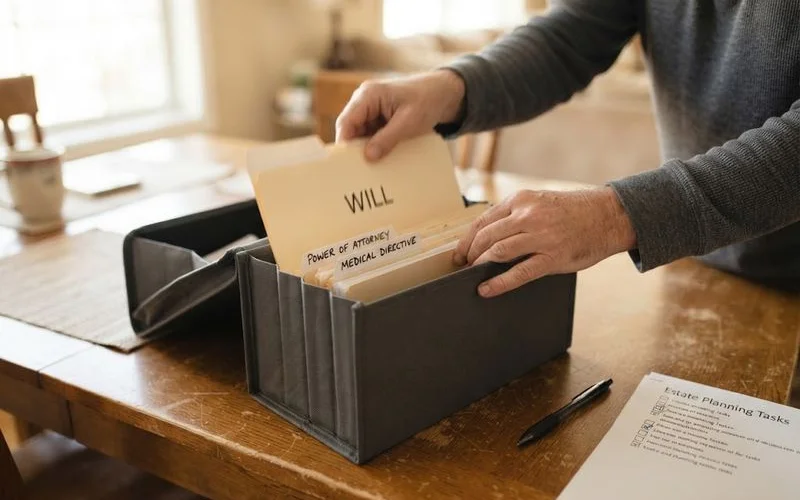 A person reviewing important documents in a folder at a kitchen table, organizing their affairs calmly