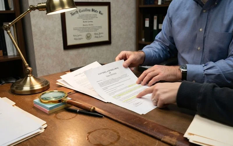 Two people reviewing a will document with a magnifying glass, representing scrutiny of a contested will