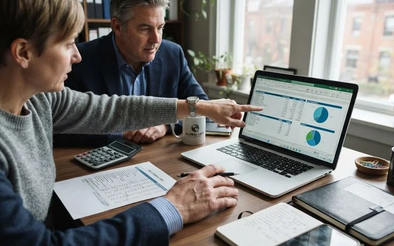 A couple reviewing an estate planning cost breakdown and fee schedule together with an attorney at a wood desk