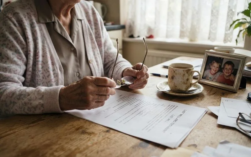 An older adult reviewing estate planning documents at home with a cup of coffee, taking their time with the paperwork