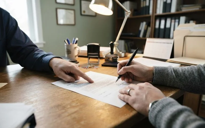 A person signing a power of attorney document at a table with an attorney explaining the details